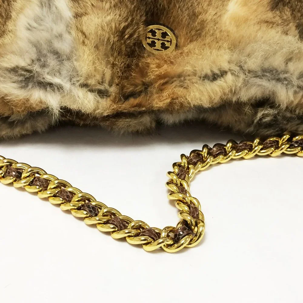 Tory Burch Genuine Rabbit Fur Shoulder Bag Natural Brown Gold Chain Strap